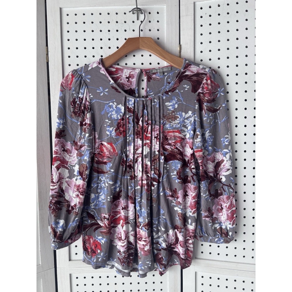 Daniel Rainn‎ 3/4 SLV Gray Multi Floral Rayon Spandex Blouse Shirt Women's Small